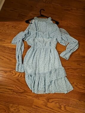 Light Blue Floral Asymmetrical Cold-Shoulder Dress